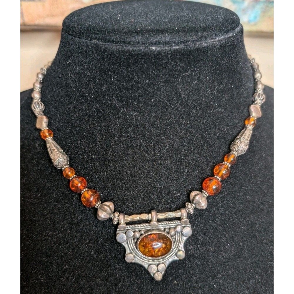 Vintage Amber Sterling Silver Necklace Steampunk Artsy Festival Handmade Unique